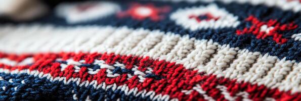Close-up of red and blue knitted woolen fabric with traditional patterns photo