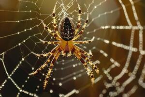 A spider sits on its web with dew drops on it photo