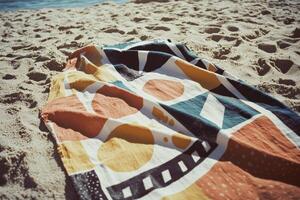 Colorful patterned beach towel spread on sandy shore for relaxing sunbathing in vintage or retro postcard style photo