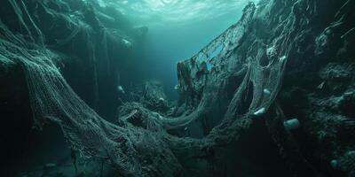 Underwater ghost nets creating haunting seascape of marine debris and ocean conservation photo