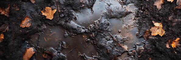 Muddy path with autumn leaves creating a natural texture background photo