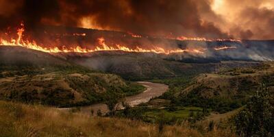 Intense wildfire blaze engulfs forest landscape with river below under dramatic sky photo
