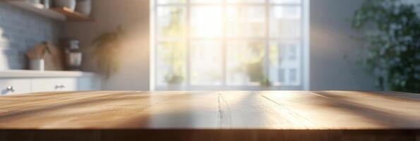 Sunlit wooden kitchen table with blurred background in modern home interior photo