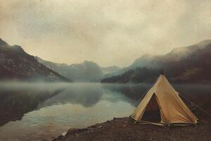 Serene lakeside camping with tent amidst misty mountains and tranquil waters in vintage postcard style photo