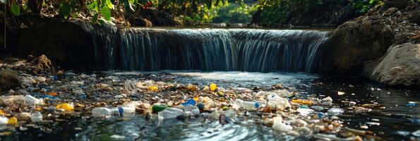Polluted waterfall with accumulation of plastic waste and debris in natural environment photo