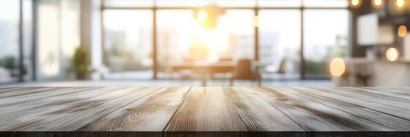 Empty wooden table in a bright modern office suitable for product display photo