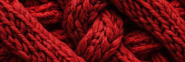 Close-up texture of red wool knit yarn background for cozy designs photo