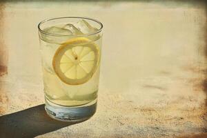 Refreshing glass of lemonade with ice and lemon slice on rustic background in vintage postcard style photo
