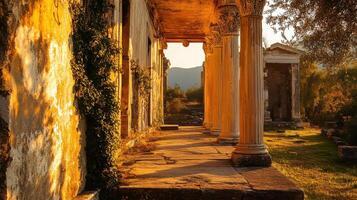 Ancient ruins with sunlit columns and overgrown ivy in a serene landscape photo