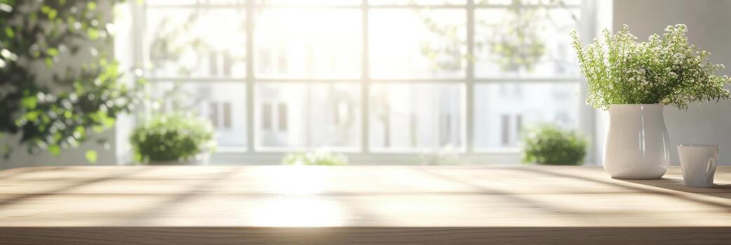 Bright sunlit room with wooden table and vase of flowers creating a calm atmosphere photo