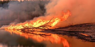 Forest fire by lakeside with intense flames and smoke reflection in water photo