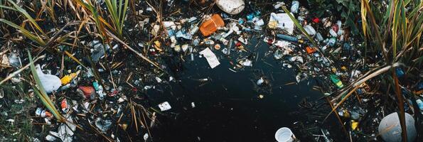 Environmental crisis highlighted by garbage and pollution in natural setting photo