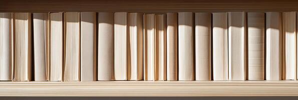 Minimalist bookshelf with neutral toned hardcovers in sunlight shadow photo