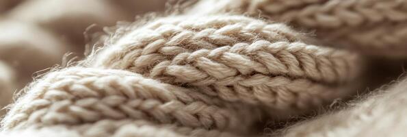 Close-up view of beige knitted wool texture showcasing intricate yarn patterns photo
