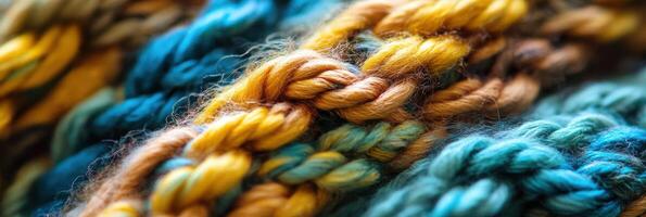 Close-up of variegated wool yarn showcasing textured weaving in blue and yellow photo