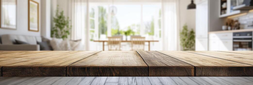 Rustic wooden table surface with blurred bright kitchen background view photo