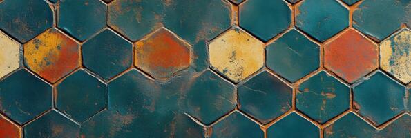 Close-up of colorful aged hexagonal tiles with rustic texture pattern photo