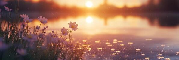 Sunset glow on tranquil lake with pink wildflowers on the shoreline capturing peace photo