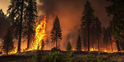 Intense forest fire with tall trees and thick smoke in wilderness photo