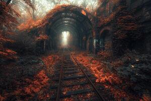 Abandoned railway tunnel overgrown with autumn foliage creating enchanted atmosphere photo