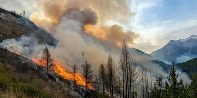Intense forest fire spreading through mountainous wilderness area with dense smoke photo