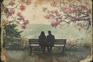Romantic couple sitting on bench under cherry blossoms in springtime in vintage retro style photo