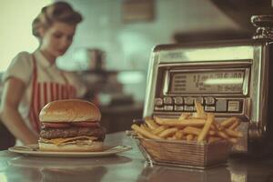 Retro diner scene with burger and fries on countertop with waitress in background photo