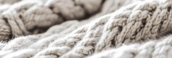 Close-up texture of soft woolen knitted fabric in warm beige tones photo
