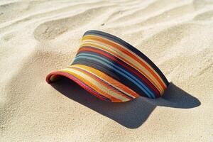 Vibrant multicolored sun hat resting on sandy beach surface photo