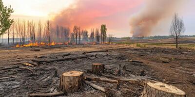 Forest fire devastation with burning trees and smoke in the distance at sunset photo
