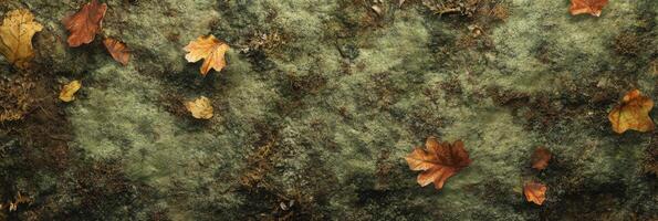 Autumn leaves on moss-covered forest ground capturing seasonal change and texture photo