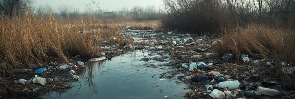 Polluted riverbank with plastic waste amidst dry reeds and overcast sky photo