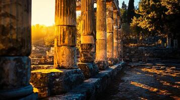 Ancient ruins of greek temple with sunlight illuminating stone columns at sunrise photo