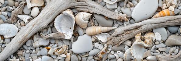 Natural composition of driftwood and seashells on pebble beach surface photo