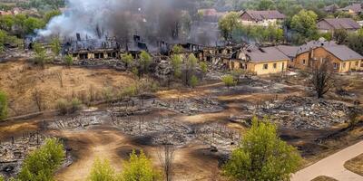 Aerial view of aftermath in forest near destroyed residential buildings with smoke rising photo