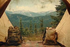 Camping adventure with backpacks overlooking mountain view from tent in vintage postcard style photo