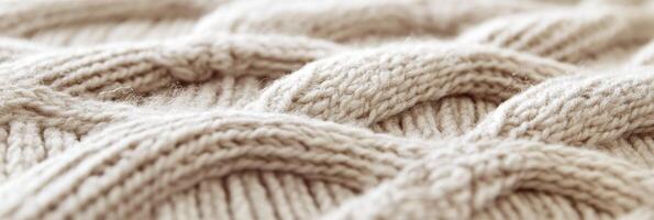 Close-up of beige wool knit texture highlighting cable knit pattern photo