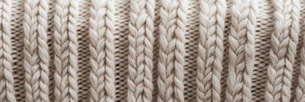 Close-up of cream-colored knitted wool fabric texture in vertical rows photo