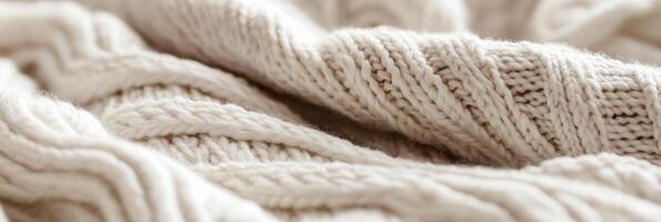 Close-up of soft beige knitted fabric with intricate cable pattern design photo