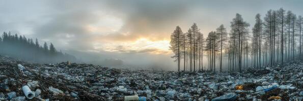 Wide view of polluted landscape with plastic waste and trees at sunset photo
