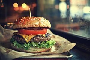 Cheeseburger with lettuce, tomato, and melted cheese for a delicious meal concept photo