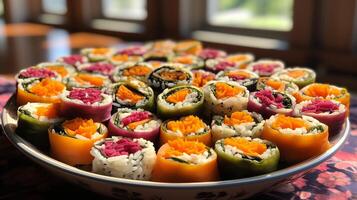 Japanese sushi set. Sashimi, maki rolls, and green tea. On plate over the background image. photo