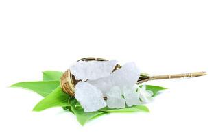 5. Alum stone on green leaf against white background. This image emphasizes the connection between natural minerals and plant based ingredients in traditional practices and holistic wellness. photo
