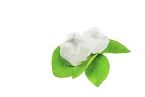 10. Pieces of alum stone on green leaf against white background. This image emphasizes the connection between natural minerals and plant based ingredients in traditional practices photo