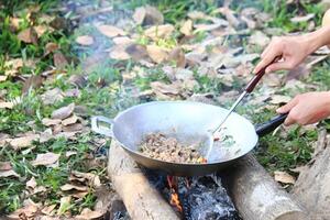 A meal is being cooked in an aluminum pan on a rustic wood fired stove. This age old cooking method is energy efficient and remains a vital part of traditional culinary practices. photo