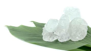 16. Pieces of alum stone on green leaf against white background. This image emphasizes the connection between natural minerals and plant based ingredients in traditional practices and wellness. photo