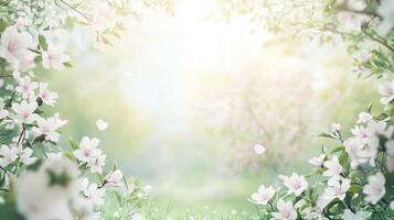 Tree with tender flowers in a green grass meadow on a spring Easter sunrise background. Spring blossom. Nature background with flowers. photo