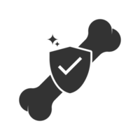 A black and white image of a bone with a shield and check mark png