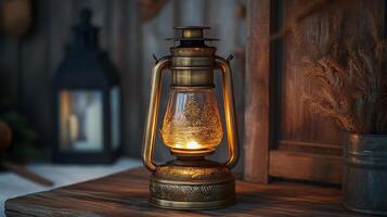 Glowing antique lantern casting warm light on a rustic wooden surface in a cozy ambience photo