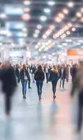 Anonymous crowd of people walking inside modern building representing busy urban life photo